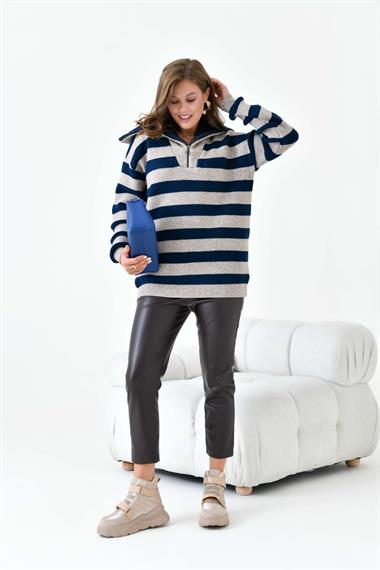 FTZ Women Kadın Çizgi Detaylı Kazak  Taş 20726