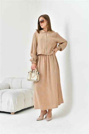 FTZ Women Kadın Craş Keten Takım  Beige 30816