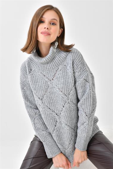 FTZ Women Kadın Degaje Yaka Detaylı Simli Kazak  Gri 20565