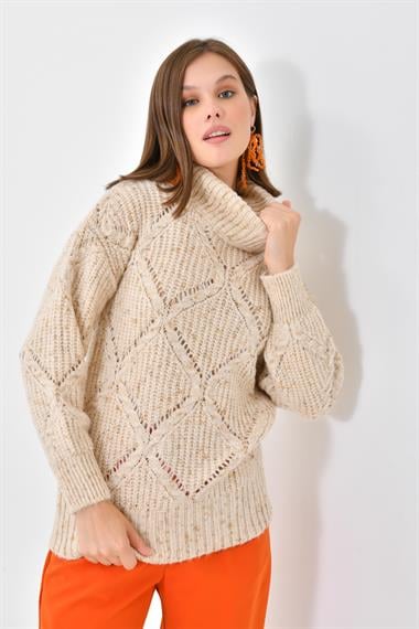 FTZ Women Kadın Degaje Yaka Detaylı Simli Kazak  Taş 20565