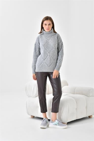 FTZ Women Kadın Degaje Yaka Detaylı Simli Kazak  Gri 20565