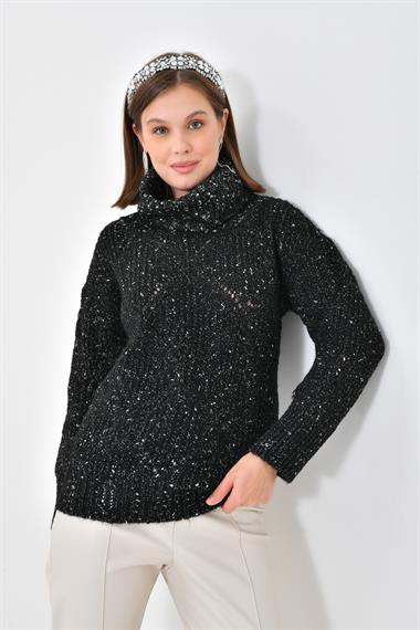 FTZ Women Kadın Degaje Yaka Detaylı Simli Kazak  Siyah 20565