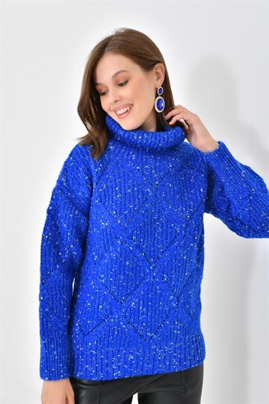 FTZ Women Kadın Degaje Yaka Detaylı Simli Kazak  Saks Mavi 20565