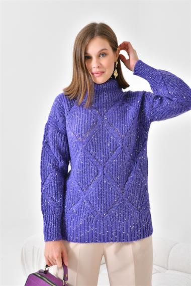 FTZ Women Kadın Degaje Yaka Detaylı Simli Kazak  Mor 20565