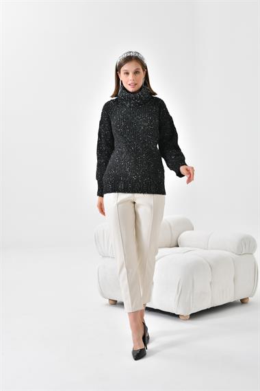 FTZ Women Kadın Degaje Yaka Detaylı Simli Kazak  Siyah 20565