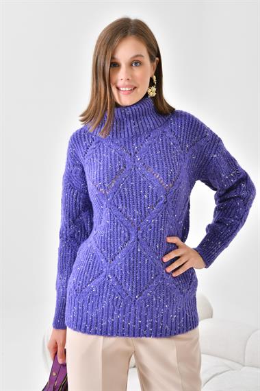 FTZ Women Kadın Degaje Yaka Detaylı Simli Kazak  Mor 20565