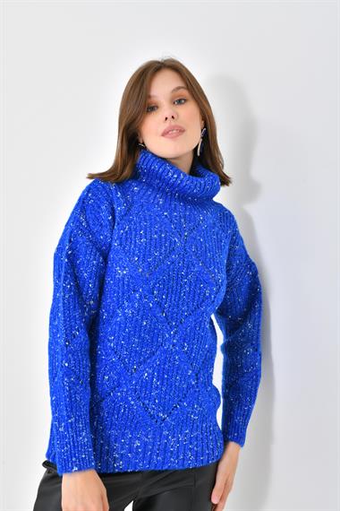 FTZ Women Kadın Degaje Yaka Detaylı Simli Kazak  Saks Mavi 20565