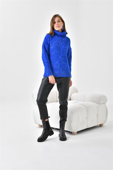 FTZ Women Kadın Degaje Yaka Detaylı Simli Kazak  Saks Mavi 20565