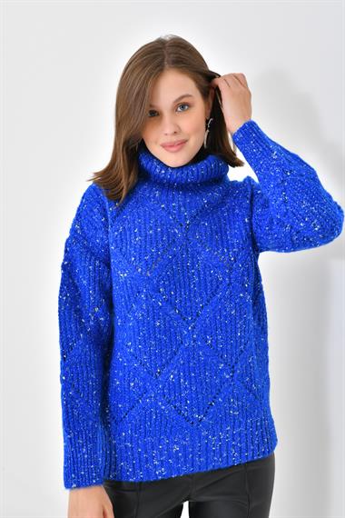 FTZ Women Kadın Degaje Yaka Detaylı Simli Kazak  Saks Mavi 20565