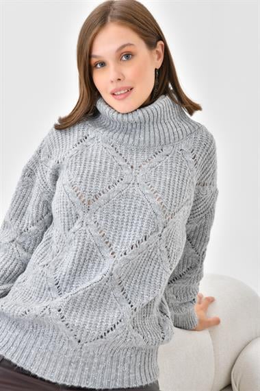 FTZ Women Kadın Degaje Yaka Detaylı Simli Kazak  Gri 20565