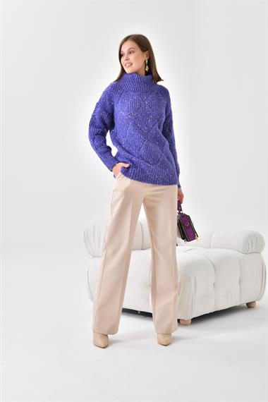 FTZ Women Kadın Degaje Yaka Detaylı Simli Kazak  Mor 20565