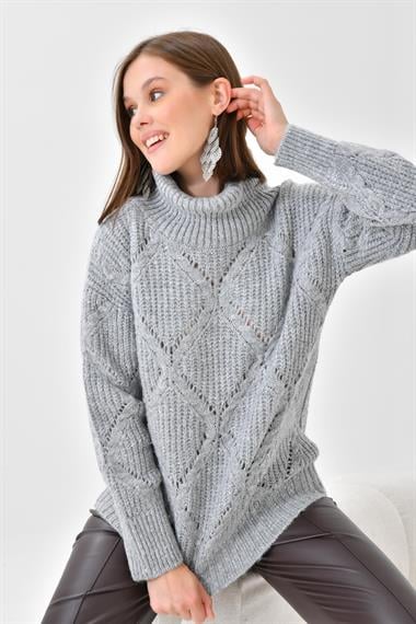 FTZ Women Kadın Degaje Yaka Detaylı Simli Kazak  Gri 20565