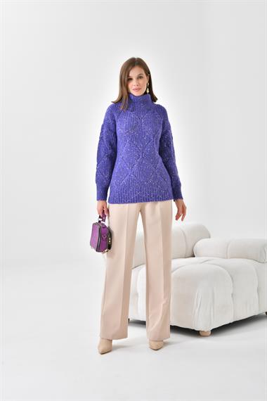 FTZ Women Kadın Degaje Yaka Detaylı Simli Kazak  Mor 20565