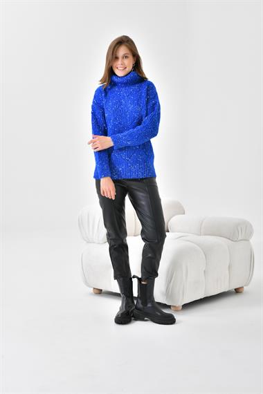 FTZ Women Kadın Degaje Yaka Detaylı Simli Kazak  Saks Mavi 20565