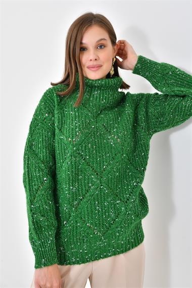 FTZ Women Kadın Degaje Yaka Detaylı Simli Kazak  Benetton 20565