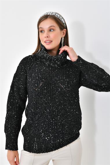 FTZ Women Kadın Degaje Yaka Detaylı Simli Kazak  Siyah 20565