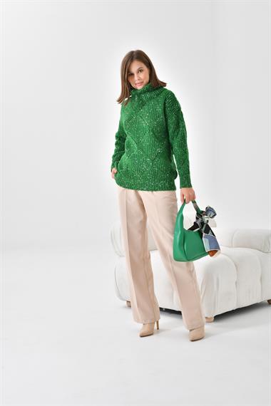 FTZ Women Kadın Degaje Yaka Detaylı Simli Kazak  Benetton 20565