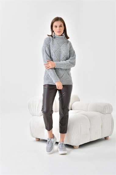 FTZ Women Kadın Degaje Yaka Detaylı Simli Kazak  Gri 20565