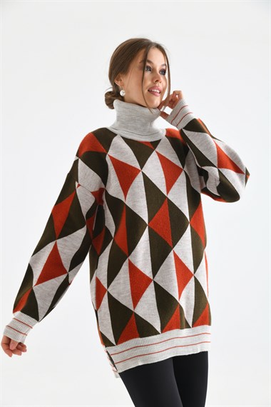 FTZ Women Kadın Degaje Yaka Üçgen Detay Kazak  Taş 20054