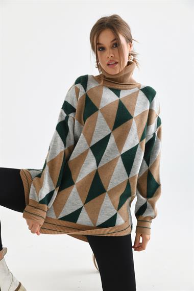 FTZ Women Kadın Degaje Yaka Üçgen Detay Kazak  Bisküvi 20054