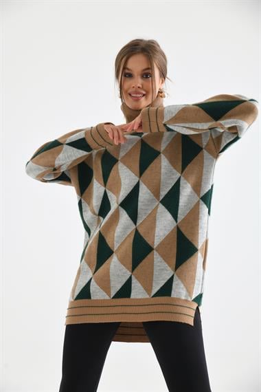 FTZ Women Kadın Degaje Yaka Üçgen Detay Kazak  Bisküvi 20054