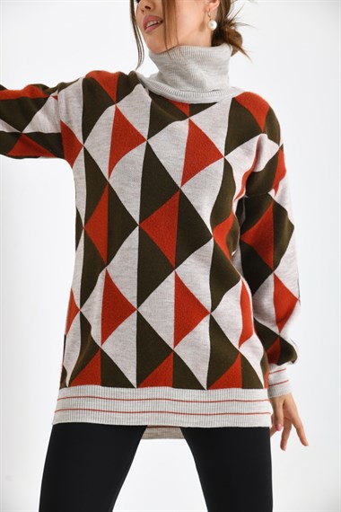 FTZ Women Kadın Degaje Yaka Üçgen Detay Kazak  Taş 20054