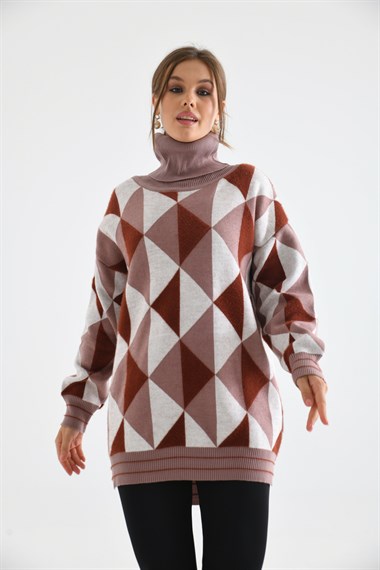 FTZ Women Kadın Degaje Yaka Üçgen Detay Kazak  Pudra 20054