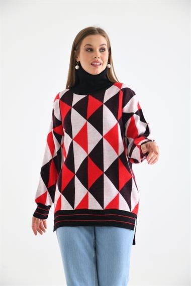 FTZ Women Kadın Degaje Yaka Üçgen Detay Kazak  Siyah 20054