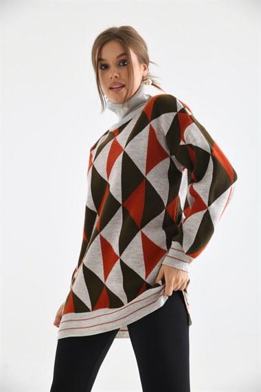 FTZ Women Kadın Degaje Yaka Üçgen Detay Kazak  Taş 20054