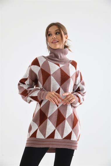 FTZ Women Kadın Degaje Yaka Üçgen Detay Kazak  Pudra 20054