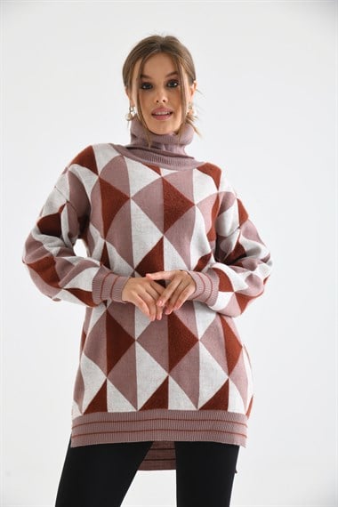 FTZ Women Kadın Degaje Yaka Üçgen Detay Kazak  Pudra 20054