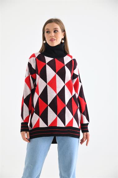 FTZ Women Kadın Degaje Yaka Üçgen Detay Kazak  Siyah 20054