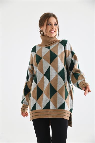 FTZ Women Kadın Degaje Yaka Üçgen Detay Kazak  Bisküvi 20054