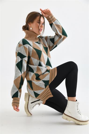 FTZ Women Kadın Degaje Yaka Üçgen Detay Kazak  Bisküvi 20054