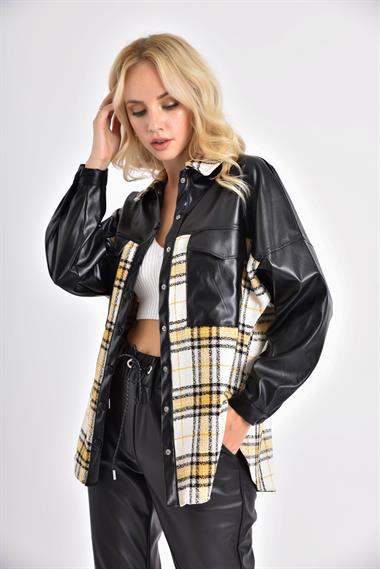 FTZ Women Kadın Deri Detay Ekose Ceket  Siyah 20222509