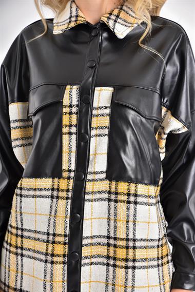 FTZ Women Kadın Deri Detay Ekose Ceket  Siyah 20222509