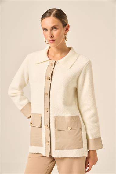 FTZ Women Kadın Deri Detaylı Ceket  Ekru 20793