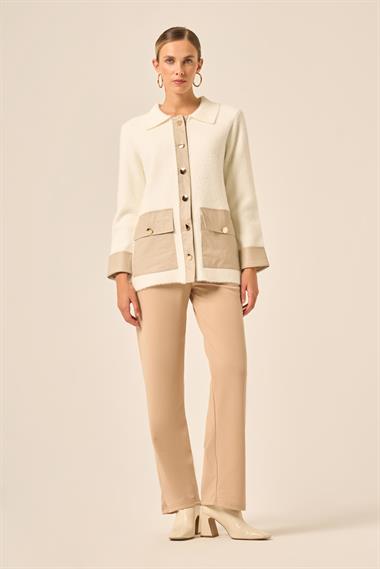 FTZ Women Kadın Deri Detaylı Ceket  Ekru 20793