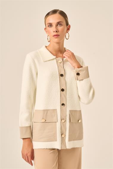 FTZ Women Kadın Deri Detaylı Ceket  Ekru 20793
