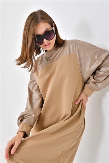 FTZ Women Kadın Deri Detaylı Elbise  Beige 30617
