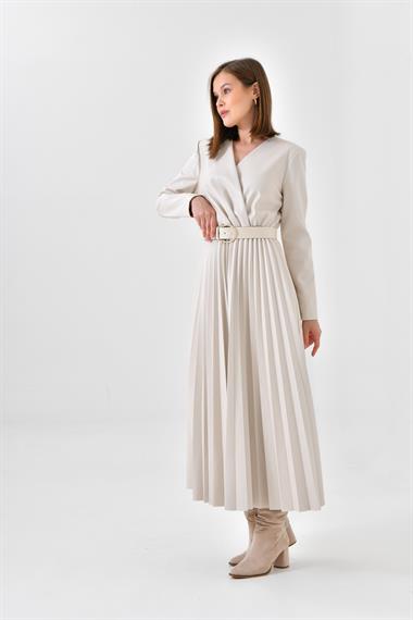 FTZ Women Kadın Deri Pliseli Elbise  Beige 30639