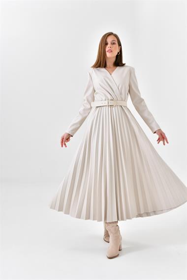 FTZ Women Kadın Deri Pliseli Elbise  Beige 30639