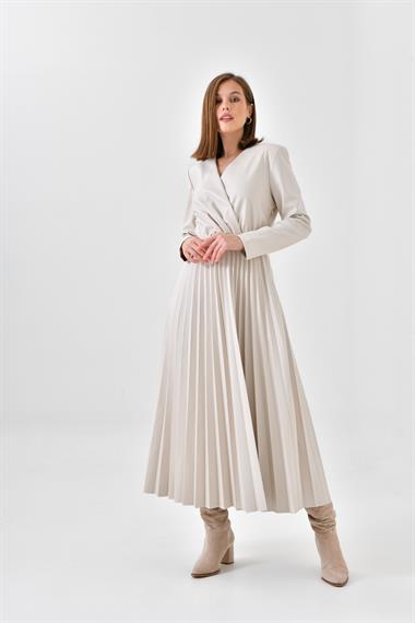 FTZ Women Kadın Deri Pliseli Elbise  Beige 30639