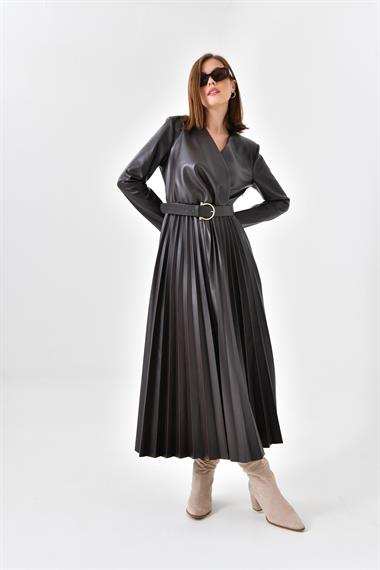 FTZ Women Kadın Deri Pliseli Elbise  Kahve 30639