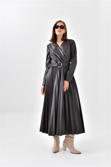 FTZ Women Kadın Deri Pliseli Elbise  Kahve 30639