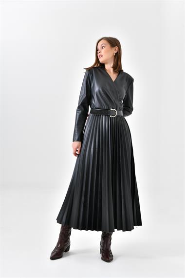 FTZ Women Kadın Deri Pliseli Elbise  Siyah 30639
