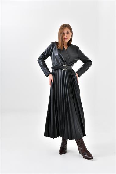 FTZ Women Kadın Deri Pliseli Elbise  Siyah 30639