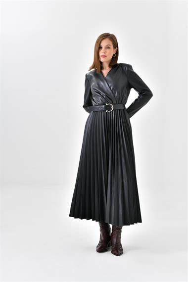FTZ Women Kadın Deri Pliseli Elbise  Siyah 30639