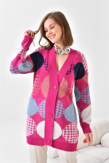 FTZ Women Kadın Desen Düğme Detay Hırka  Fuşya 21-6019