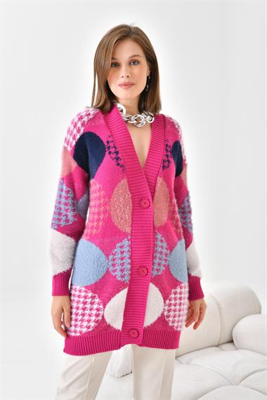 FTZ Women Kadın Desen Düğme Detay Hırka  Fuşya 21-6019